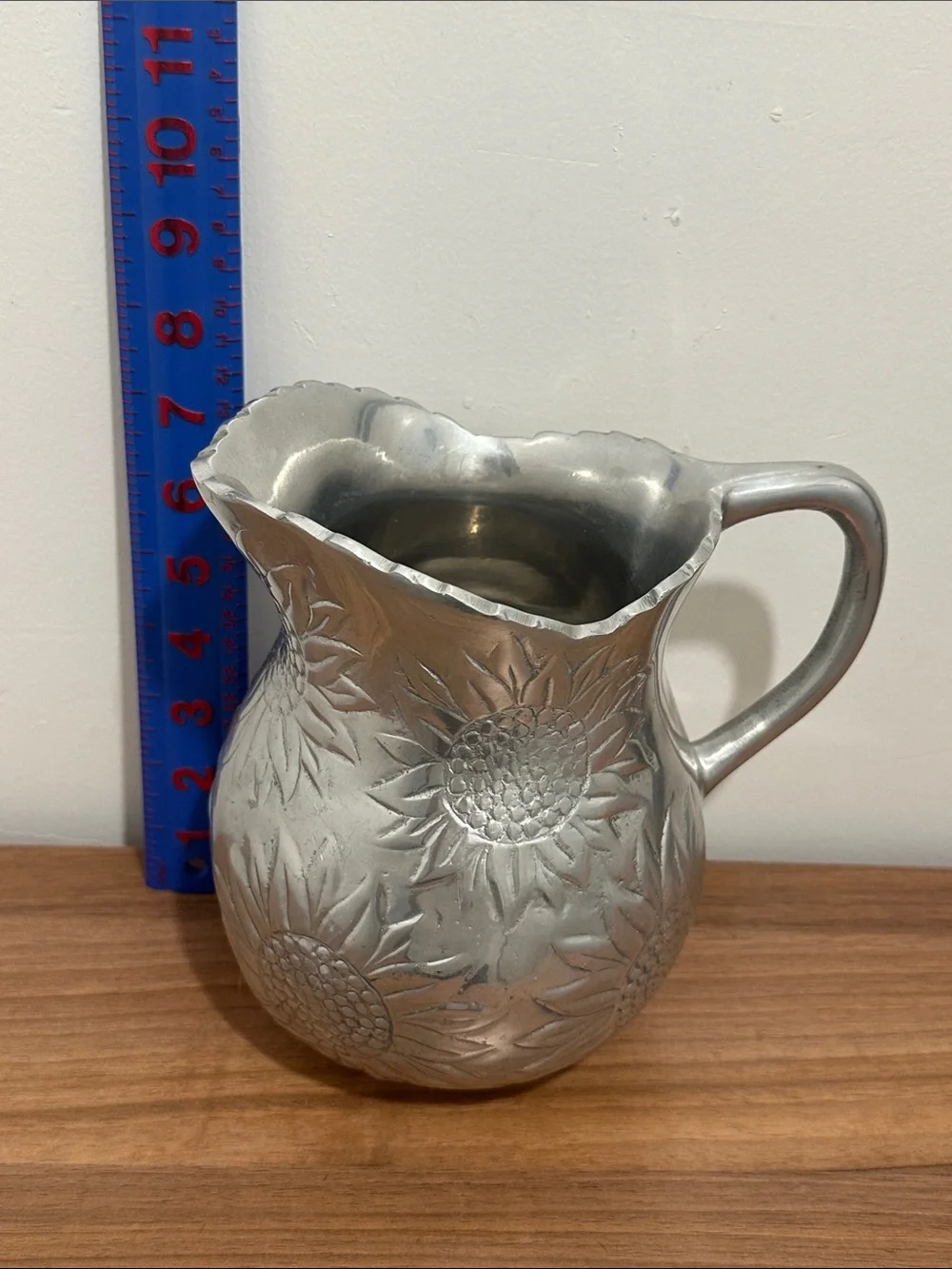 Embossed Sunflower Pitcher - Silver Metal Decorative Vase